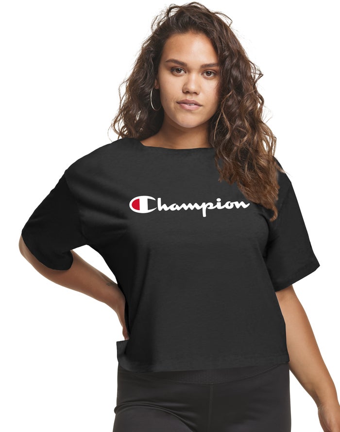 Champion Womens T-Shirt NZ - Plus Cropped Script C Logo Black ( 2831-GWSEQ )